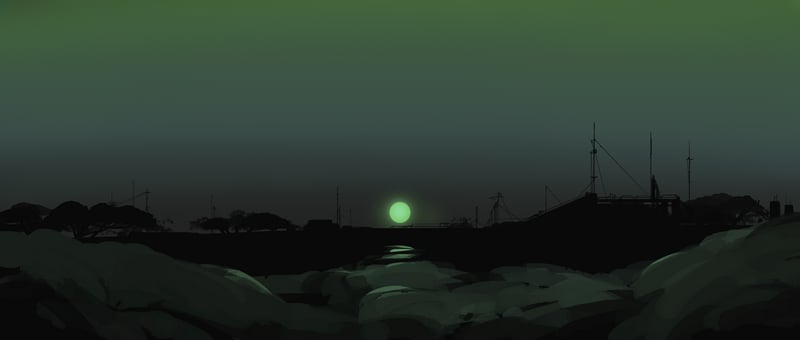 Dystopian sunset over a rocky shore with distant structures