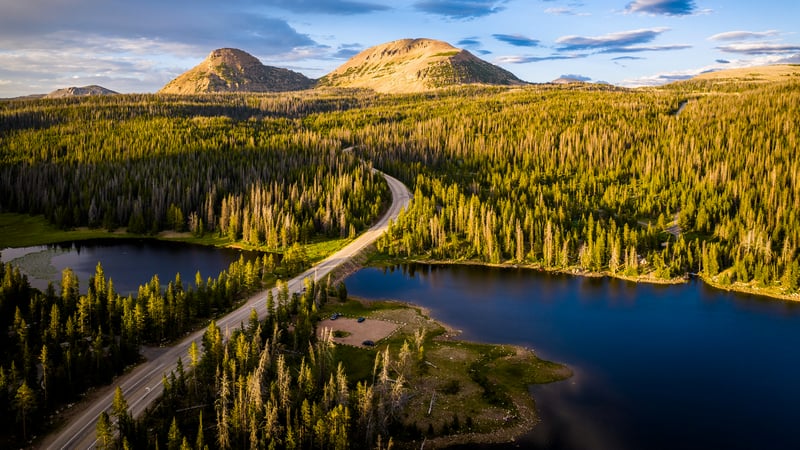 Aerial view of a road through a forest with mountains