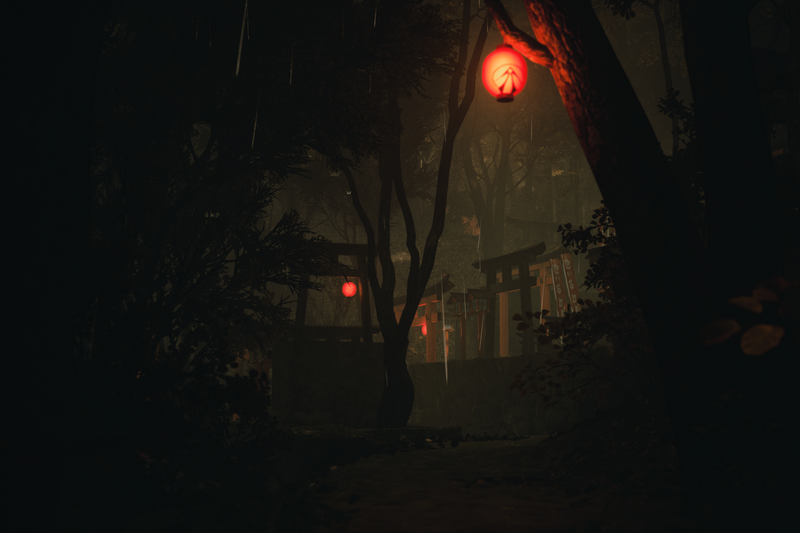 Video game art of a foggy Japanese forest with torii gates