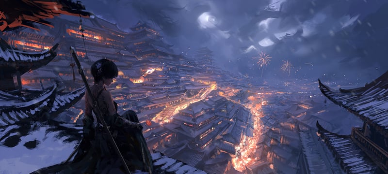 Woman overlooking a glowing cityscape at night