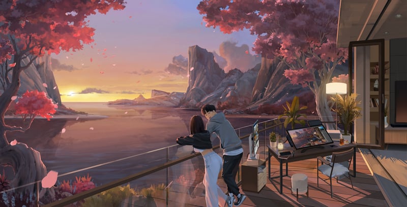 Couple Watching Sunset Over Water from Balcony