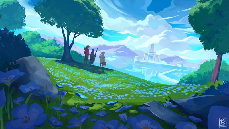 Fern, Stark, and Frieren look towards a distant city