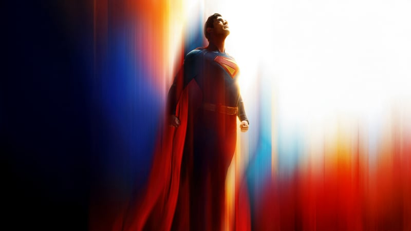 Superman looking up with colorful streaks
