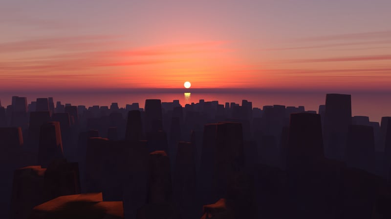 Digital art cityscape at sunset with orange sky