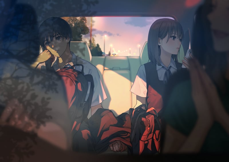 Original characters sitting in the back seat of a car