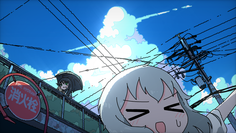 Anime girls under a cloudy sky with power lines