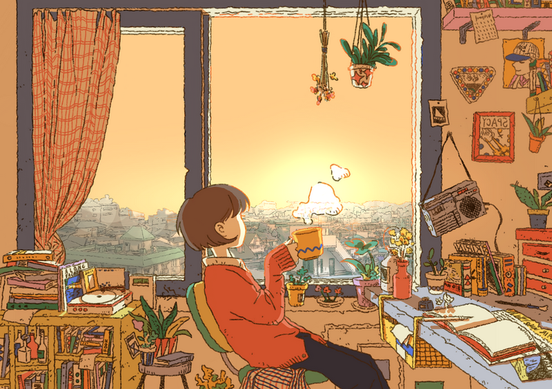 Woman drinking coffee by the window at sunset