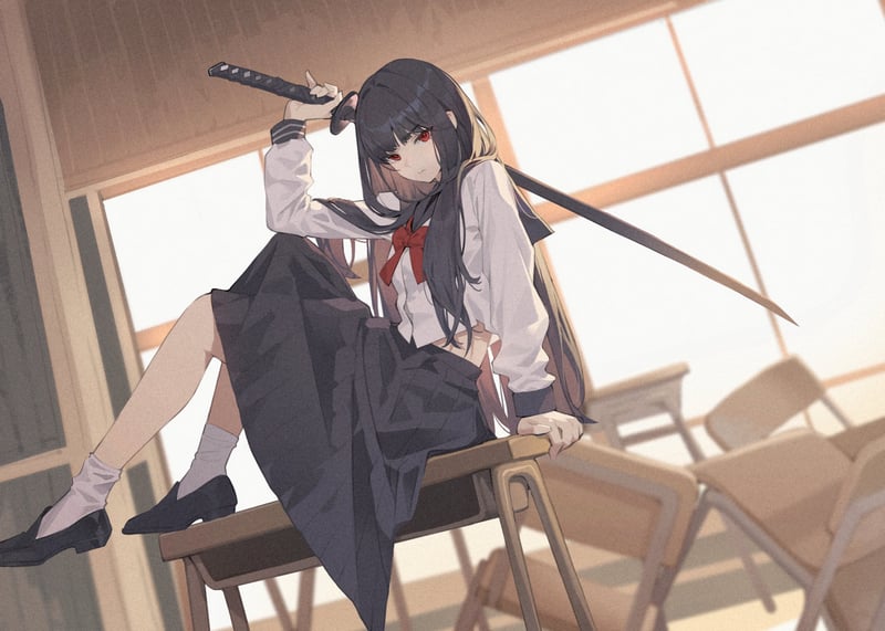 Anime girl with katana in a classroom