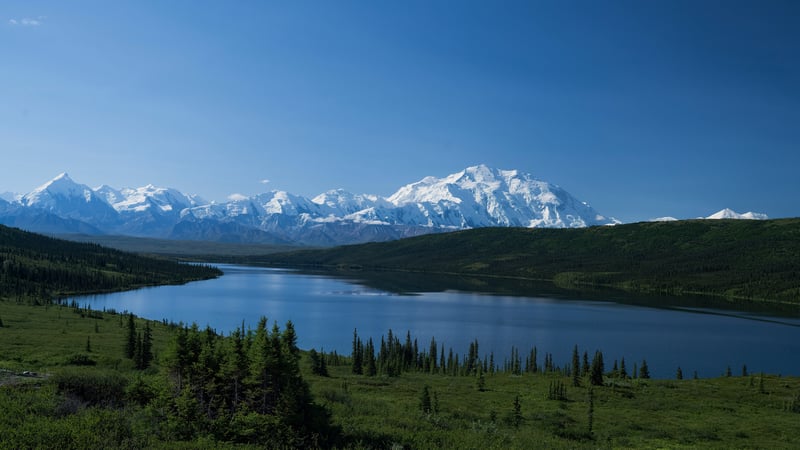 Denali Mountain Range Overlooking a Lake