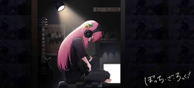 Gotou Hitori playing guitar with headphones