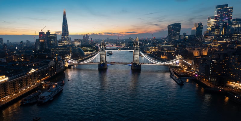 Tower Bridge and London skyline at dusk
