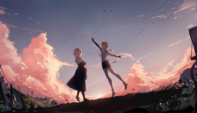 Genshin Impact: Lumine and Noelle under a sunset sky