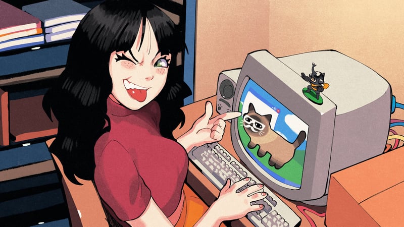 Björk winks and points at a cat on a computer screen