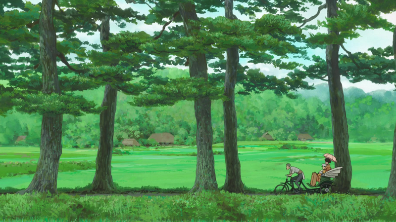 The Boy and the Heron film still with trees and village