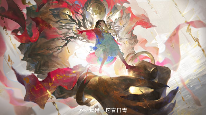 Creature and anime girl with flowing red fabric
