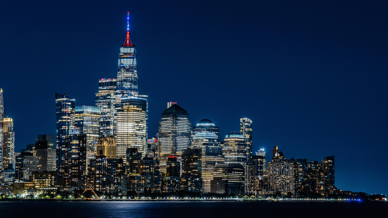 New York City skyline at night with One World Trade Center