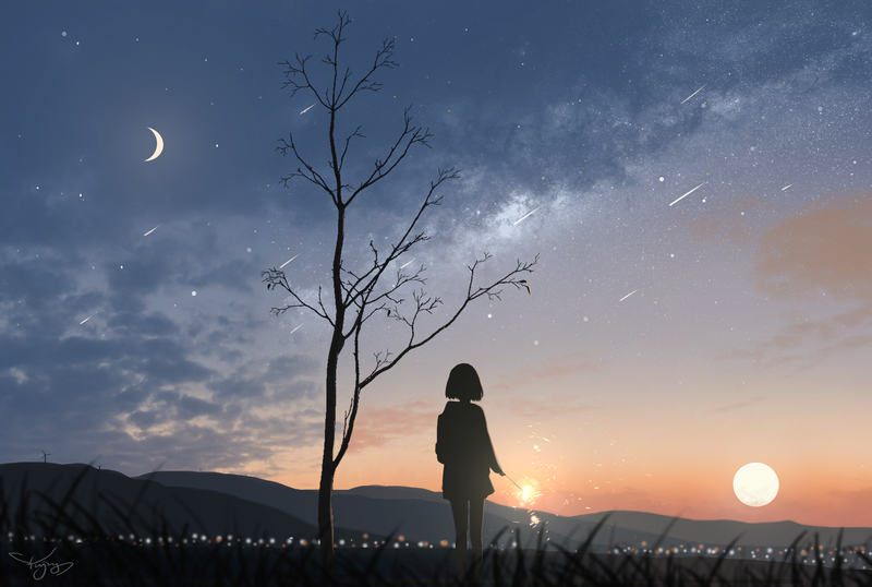 Anime girl under a starry sky with crescent moon