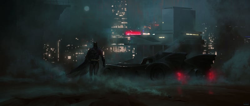 Batman and Batmobile in a foggy city at night