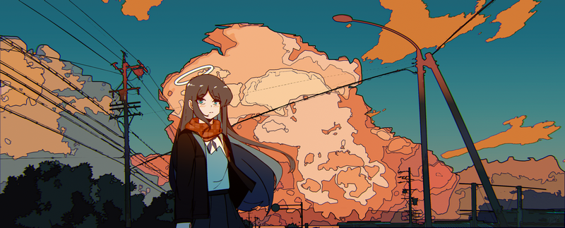 Anime girl with halo and orange clouds