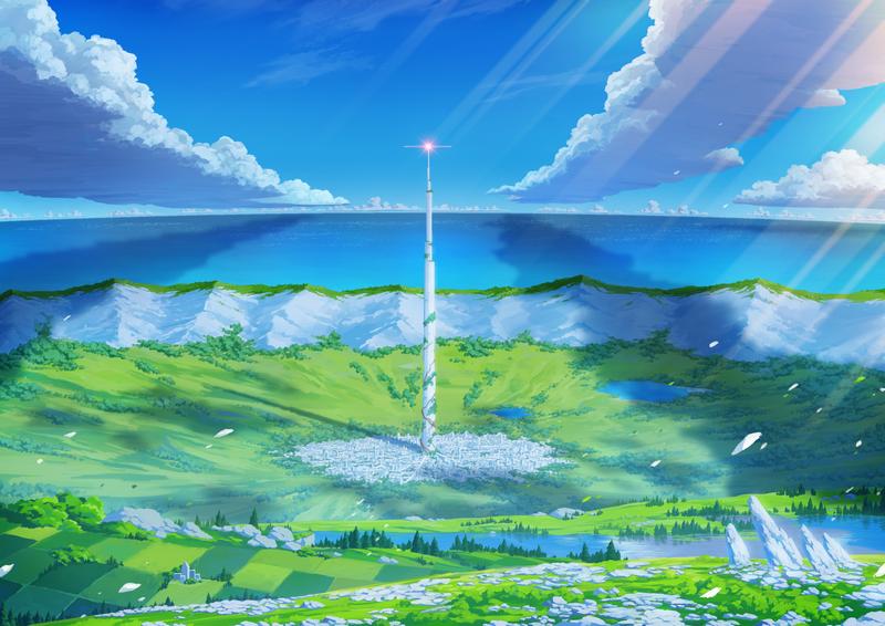 Tower reaching into the sky above a green landscape and sea