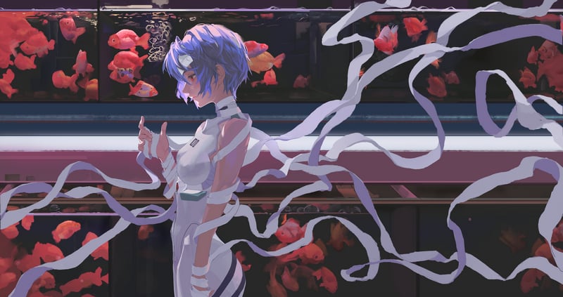 Ayanami Rei in plugsuit with bandages near fish tank