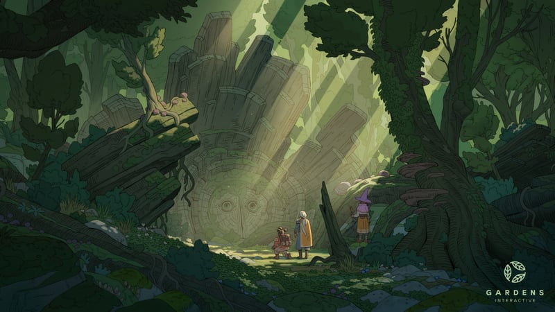 Characters examine ancient ruins in a sunlit forest