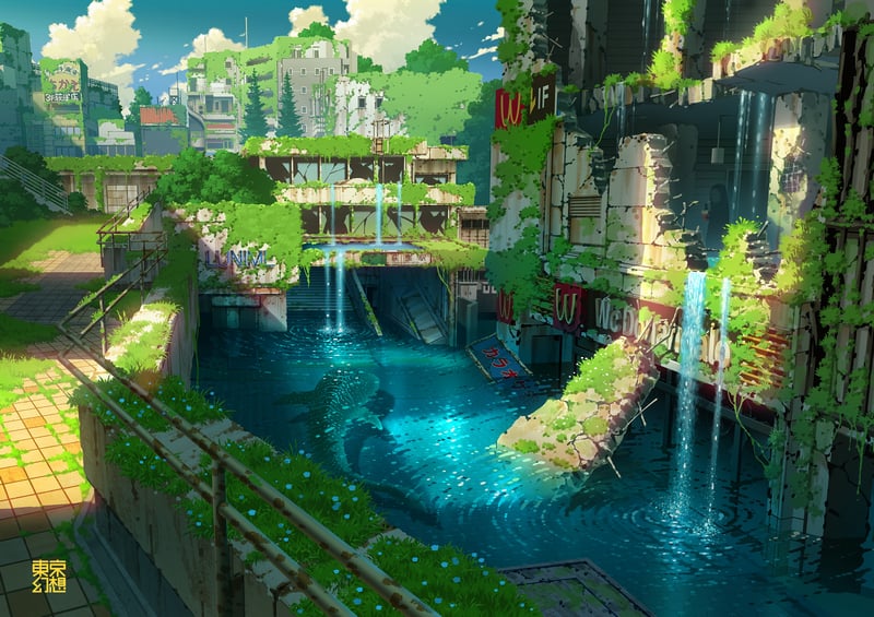 Ruined futuristic city with overgrown buildings and waterfalls