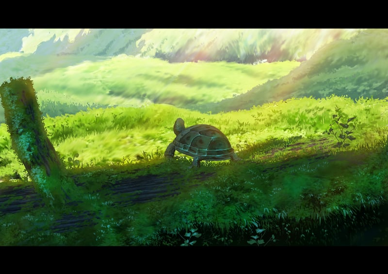 Scenery with a tortoise on a mossy log
