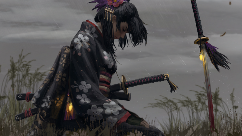 Fantasy girl in kimono with swords in the rain