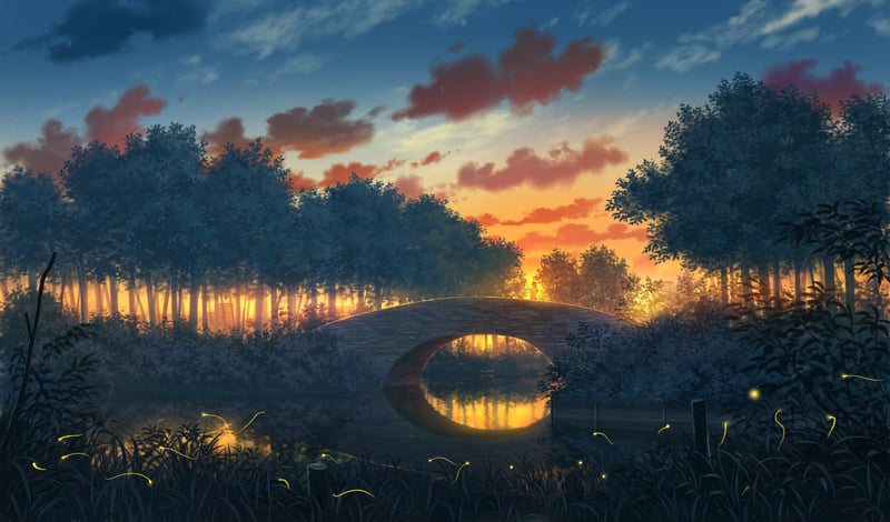 Scenery of a bridge at twilight with fireflies