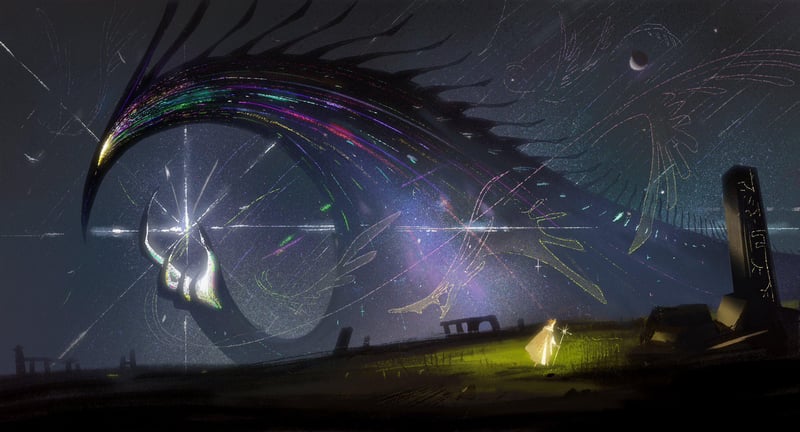 Creature in a celestial landscape with a person
