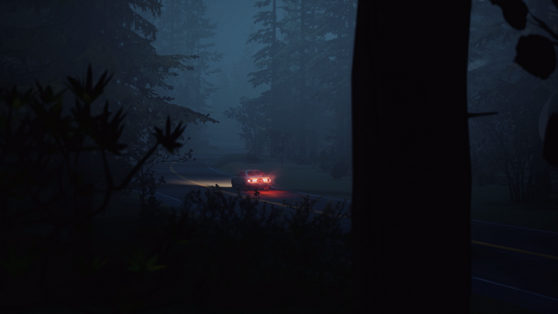 Life is Strange 2 car driving on a foggy road at night