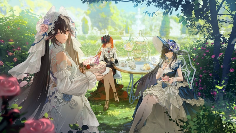 Punishing: Gray Raven girls in frilly dresses at a tea party