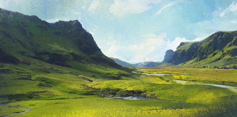 Scenery of green mountains and a winding river