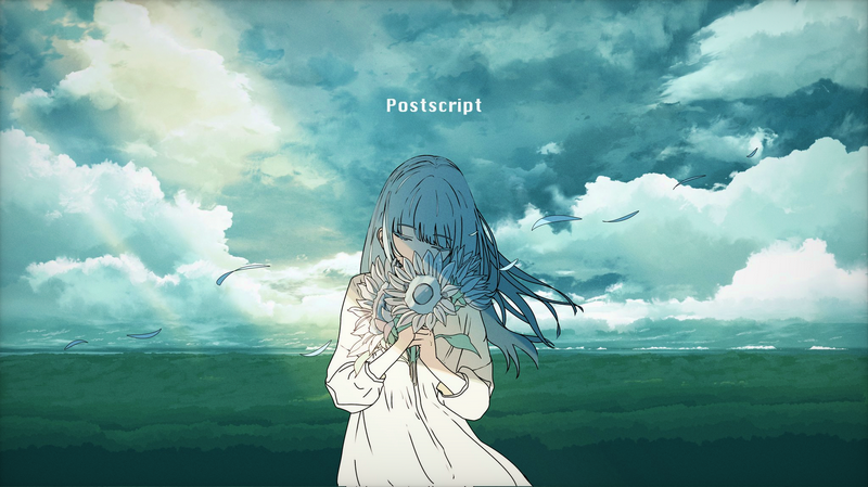 Anime girl with blue hair holding a sunflower
