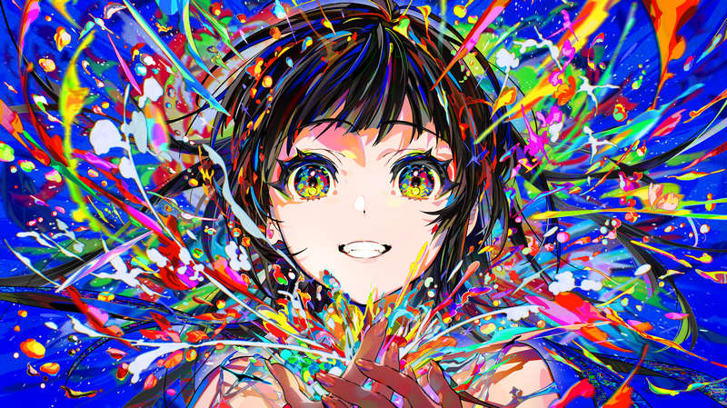 Anime girl with black hair and colorful explosion