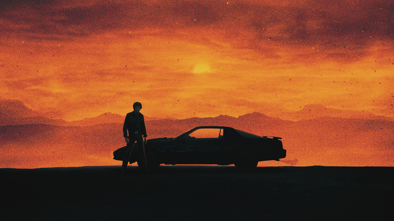 Knight Rider and KITT in a desert sunset