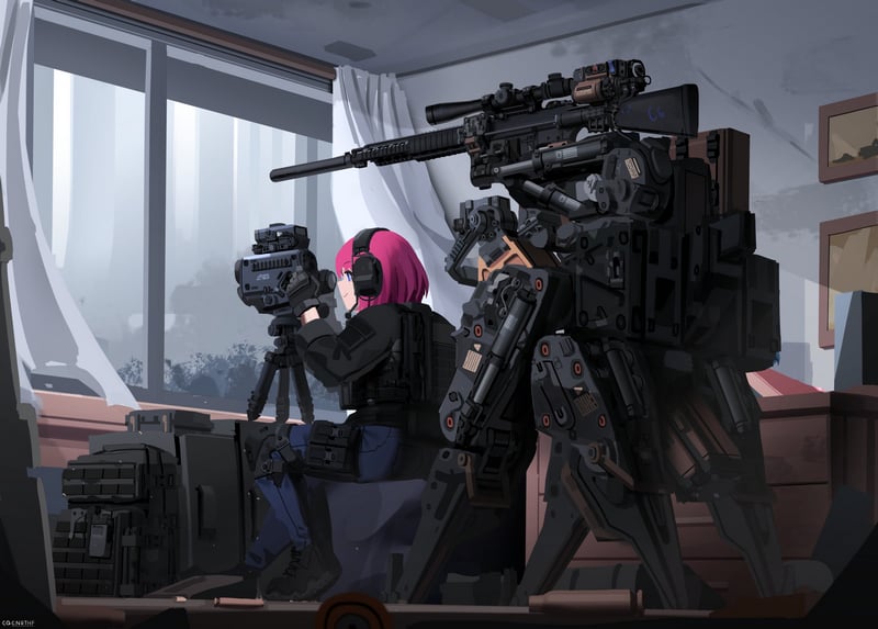 Girl with sniper rifle and camera by window