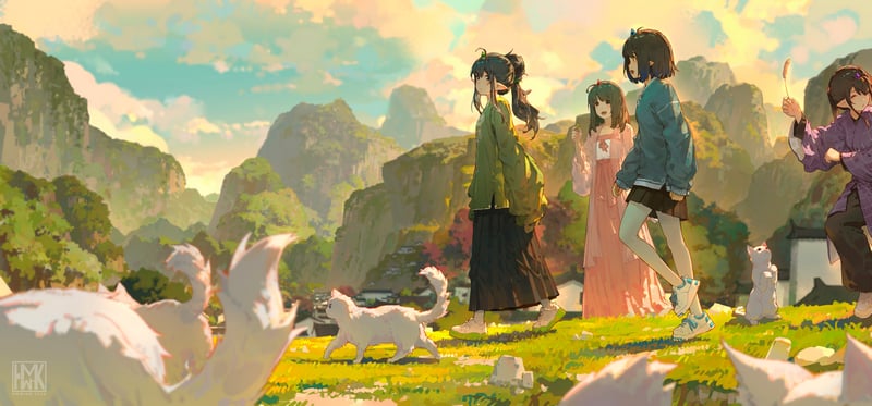 Anime girls walking with a white cat in a mountain landscape
