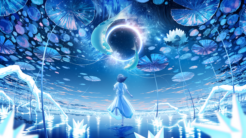 Girl in blue dress in abstract water landscape with glowing plants