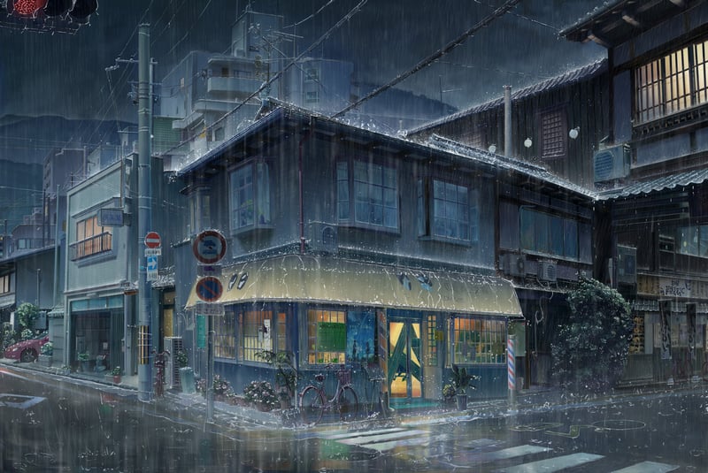 Rainy street scene at night with a shop
