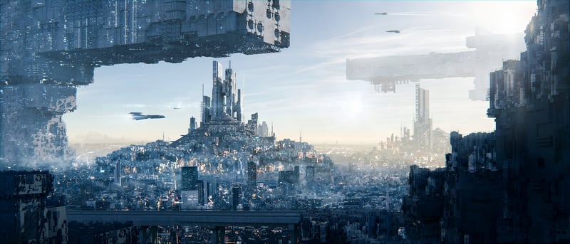 Flying machines over a futuristic city with tall buildings