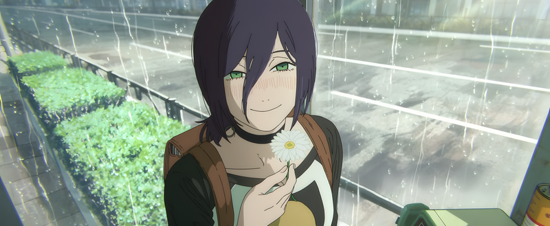 Reze from Chainsaw Man holding a flower in the rain