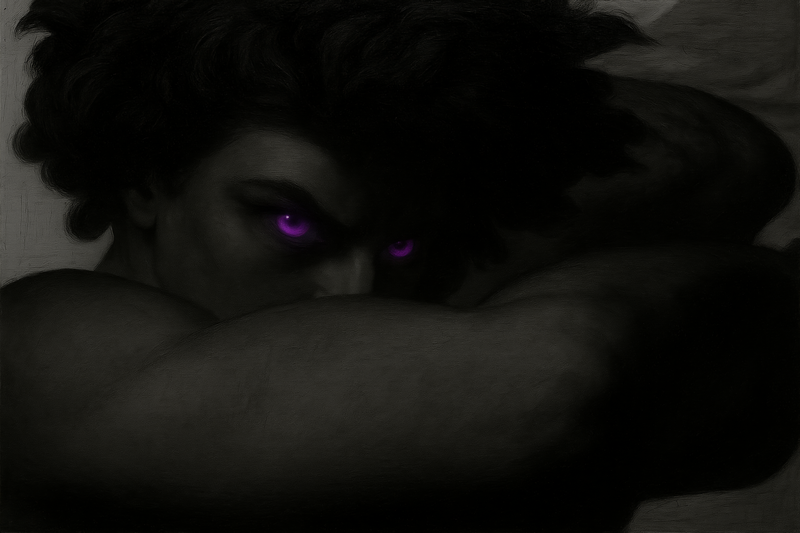 Fallen angel with glowing purple eyes
