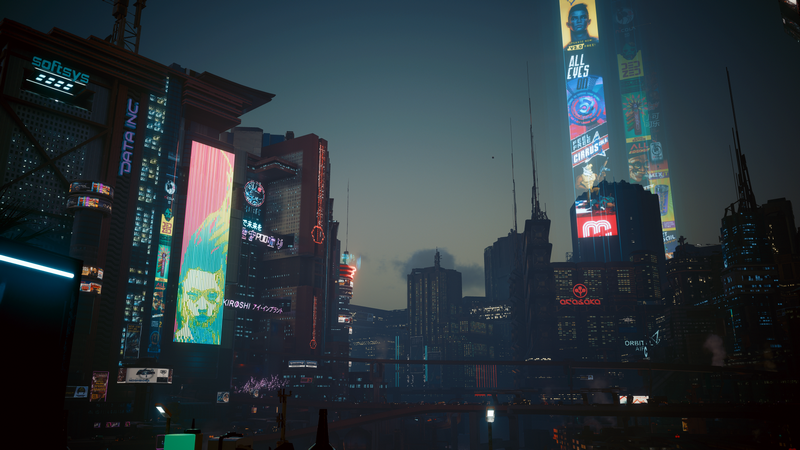 Cyberpunk 2077 Night City cityscape at dusk