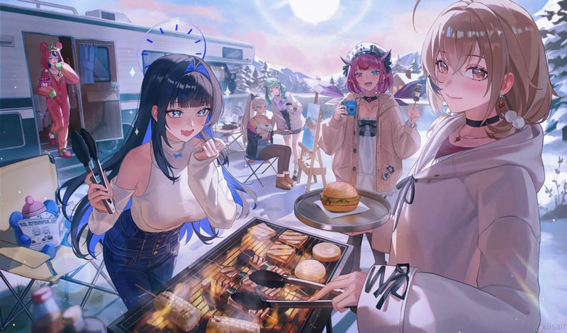 Nanashi Mumei and Hololive EN friends grilling burgers by a snowy lake
