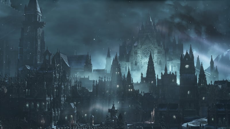 Dark Souls III cityscape at night with snow