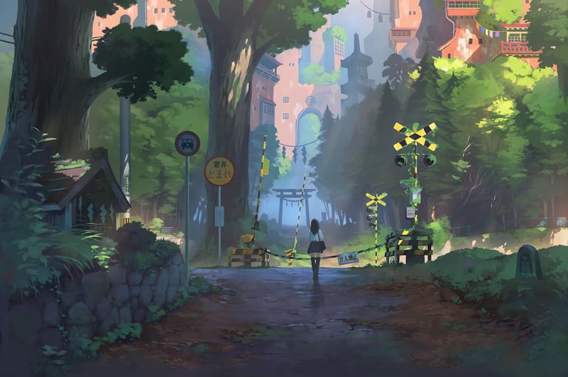 Anime girl walks down a path with trees and buildings