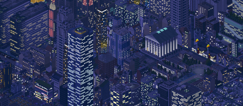 Theotown pixel art city at night with illuminated buildings