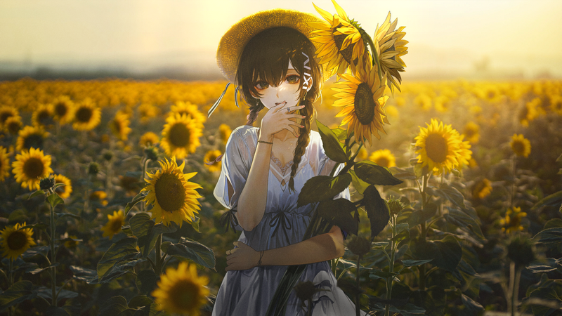 Anime girl in a sunflower field